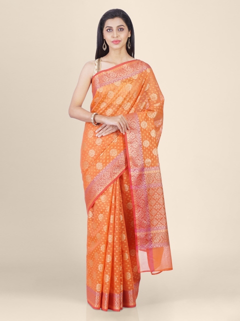 Shruti and Mangaaysh Orange & Gold-Toned Silk Blend Woven Design Banarasi Saree