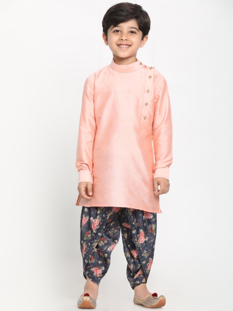 JBN Creation Boys Pink & Grey Solid Kurta with Floral Printed Dhoti Pants