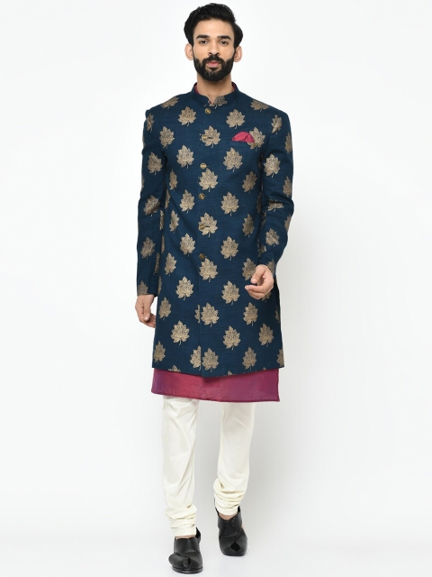 Vartah Men Navy Blue & Yellow Printed Sherwani Set