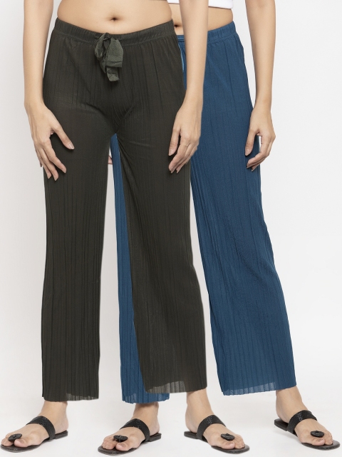NEUDIS Women Pack Of 2 Blue & Olive Green Solid Straight-Leg Palazzos