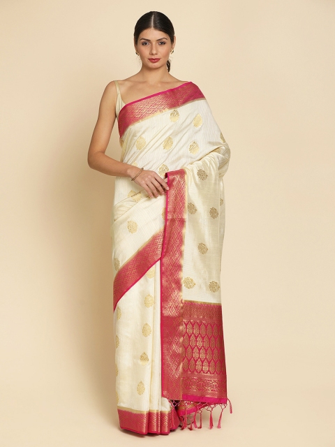 Koskii Beige & Red Art Silk Printed Saree