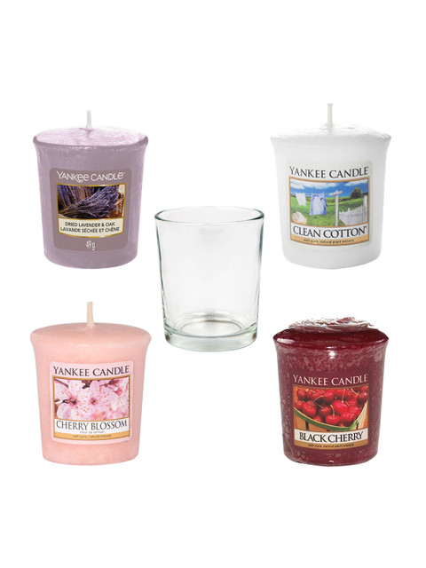 YANKEE CANDLE Set Of 4 Classic Votive Scented Candles & A Clear Votive Holder, Purple
YANKEE CANDLE Set Of 4 Classic Votive Scented Candles & A Clear Votive Holder, Purple