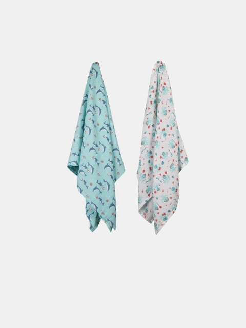 Kaarpas Kids Pack Of 2 Blue & White Ocean Dive Print Organic Muslin Swaddles