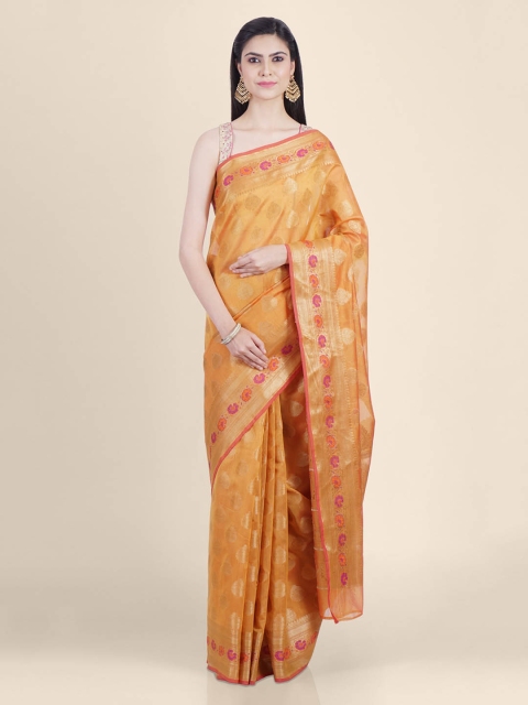 Shruti and Mangaaysh Orange Silk Blend Woven Design Banarasi Handloom Saree