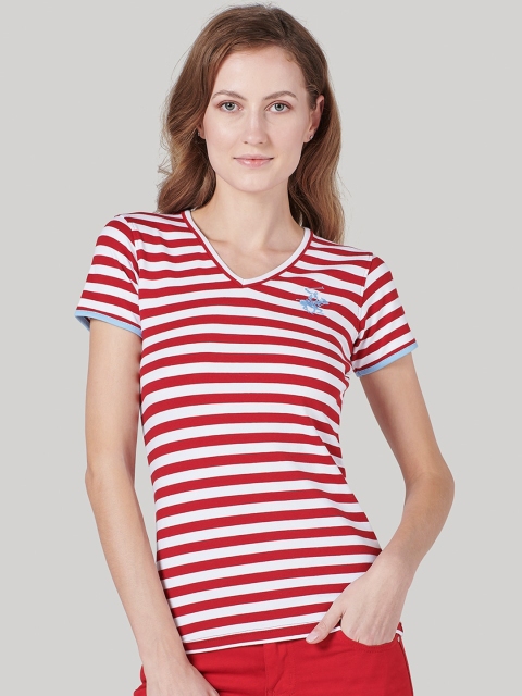 Beverly Hills Polo Club Women Red Striped V-Neck T-shirt