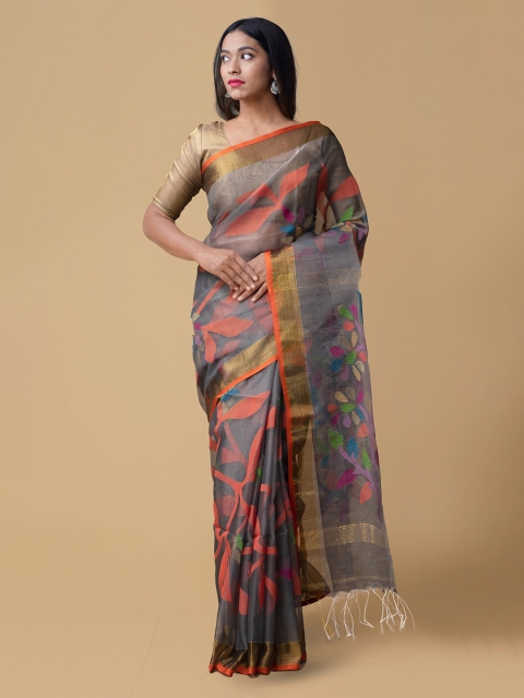 Unnati Silks Grey & Pink Silk Cotton Printed Maheshwari Saree