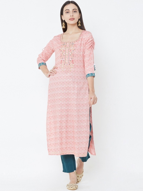 FASHOR Women Pink Printed Straight Kurta