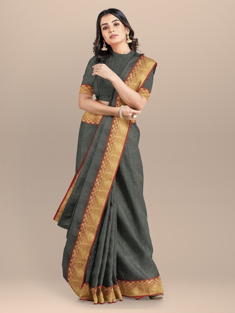 BharatSthali Grey Silk Cotton Solid Chanderi Saree