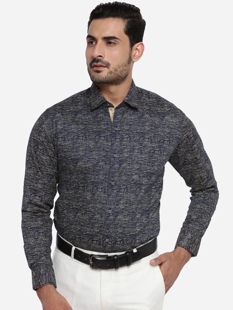 Greenfibre Men Navy Blue & Beige Slim Fit Printed Cotton Formal Shirt