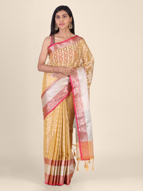 Shruti and Mangaaysh Yellow & Gold-Toned Organza Woven Design Banarasi Handloom Saree