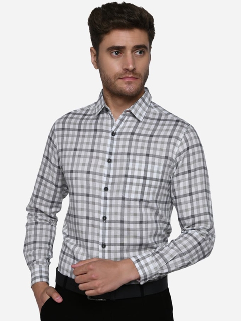 Greenfibre Men White & Grey Slim Fit Checked Cotton Formal Shirt
