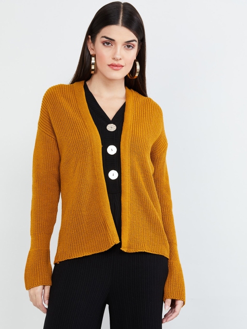 max Women Mustard Yellow Solid Open Front Shrug