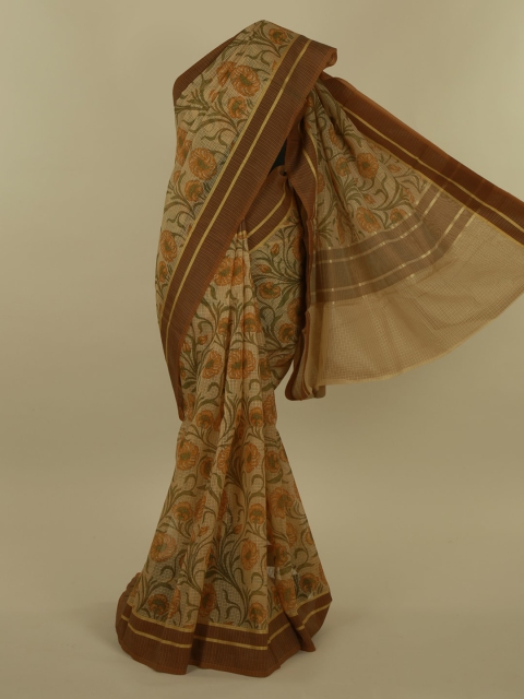 Pothys Cream-Coloured & Brown Supernet Printed Saree
