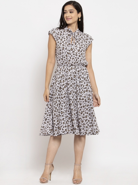 Just Wow Women Grey Animal Printed Fit and Flare Dress