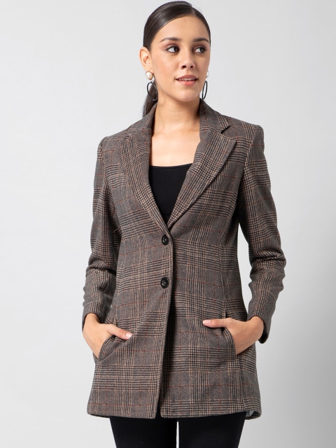 FabAlley Women Beige & Brown Checked Single-Breasted Blazer