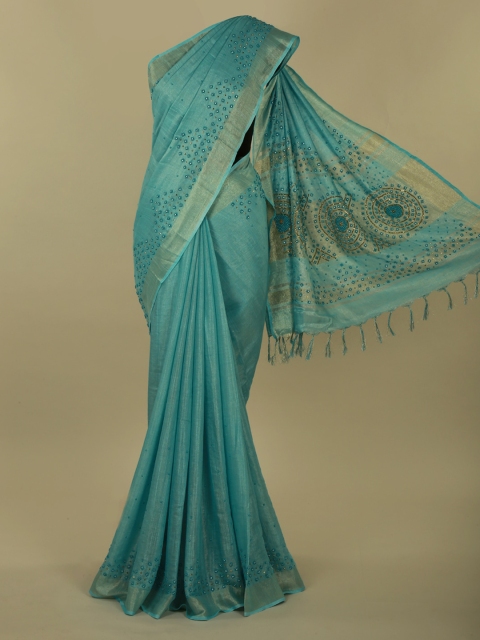 Pothys Blue Embellished Linen Blend Saree