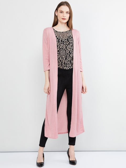 max Women Pink Self-Design Open Front Longline Shrug