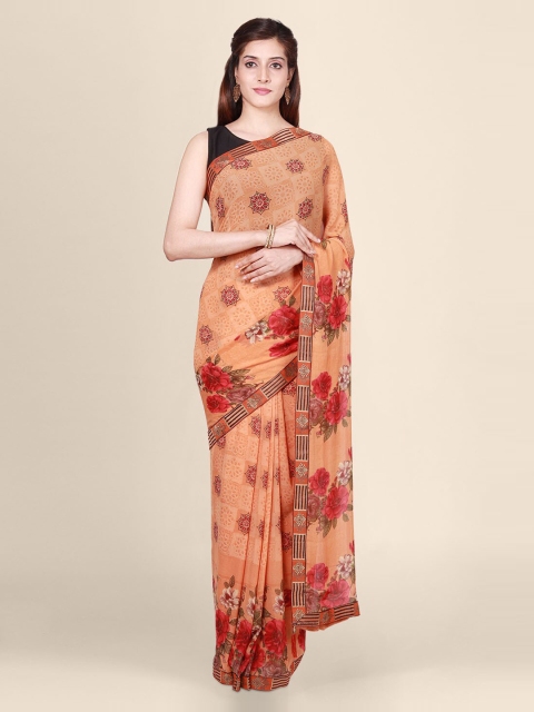 CLAI WORLD Orange Printed Pure Chiffon Saree