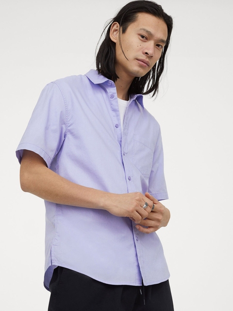 H&M Men Purple Short-sleeved Cotton Shirt