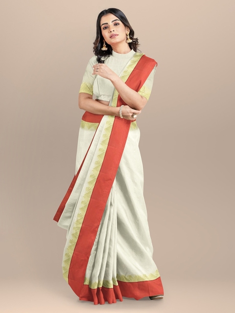 BharatSthali Cream-Coloured & Red Silk Cotton Solid Banarasi Handloom Saree