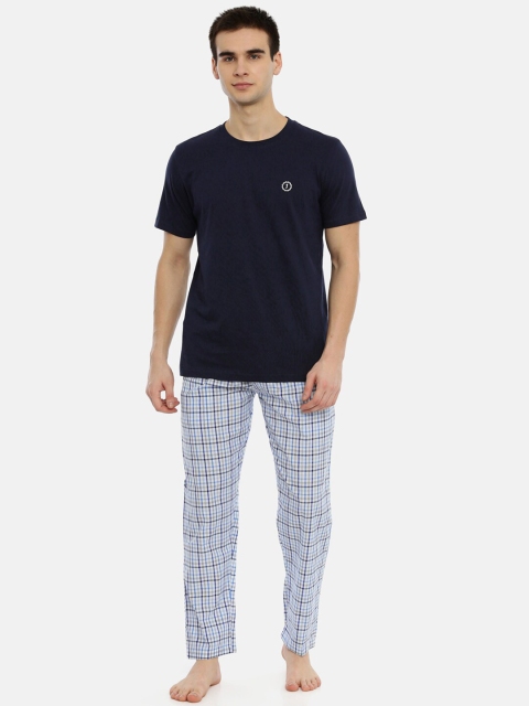 Joven Men Navy Blue & White Bio Washed Cotton Night Suit