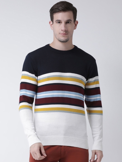 Club York Men Navy Blue & White Striped Knitted Woollen Pullover