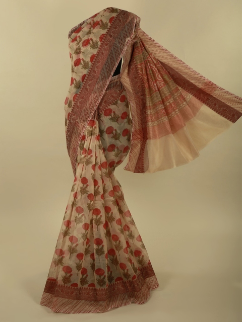 Pothys Cream-Coloured & Red Supernet Woven Design Saree