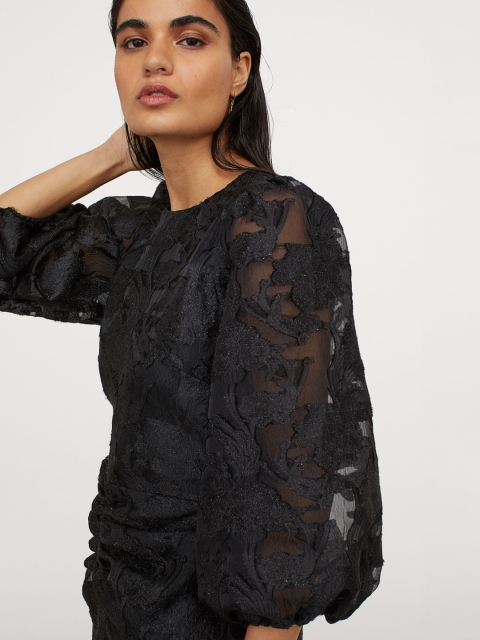 H&M Women Black Solid Puff-Sleeved Brocade Dress