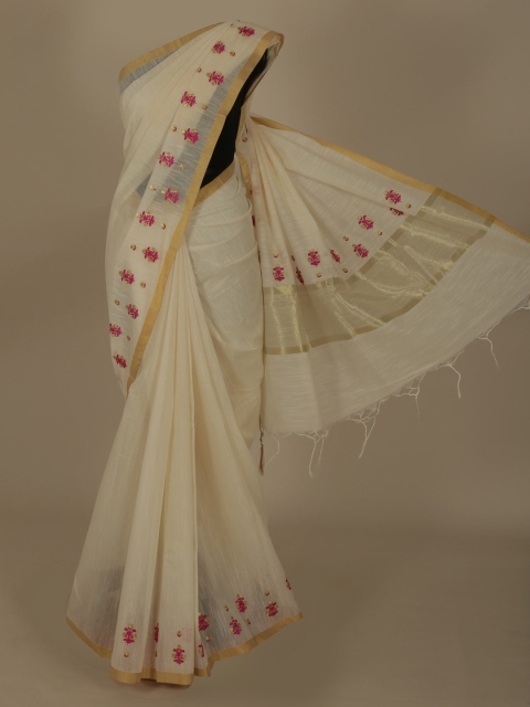 Pothys Off-White Solid Cotton Blend Saree