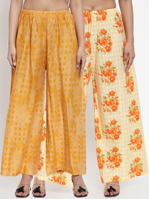 NEUDIS Women Pack Of 2 Printed Wide Leg Palazzos, Yellow