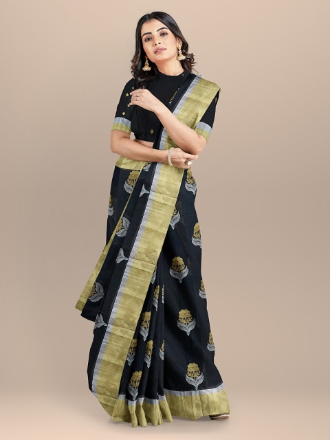 BharatSthali Black & Gold-Toned Silk Cotton Woven Design Chanderi Sustainable Saree
BharatSthali Black & Gold-Toned Silk Cotton Woven Design Chanderi Sustainable Saree