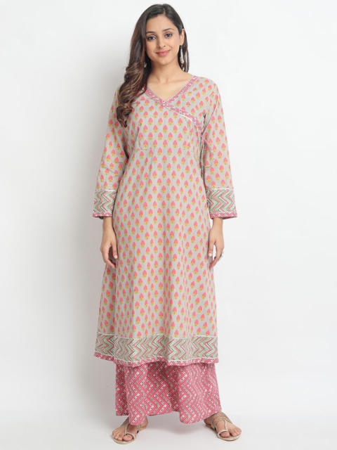 Molcha Women Pink Self Design Kurti with Trousers & Dupatta