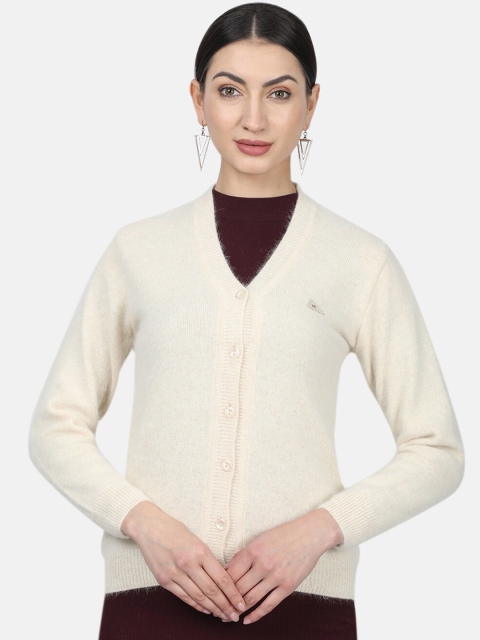 Monte Carlo Women Cream-Coloured Solid Woollen Cardigan