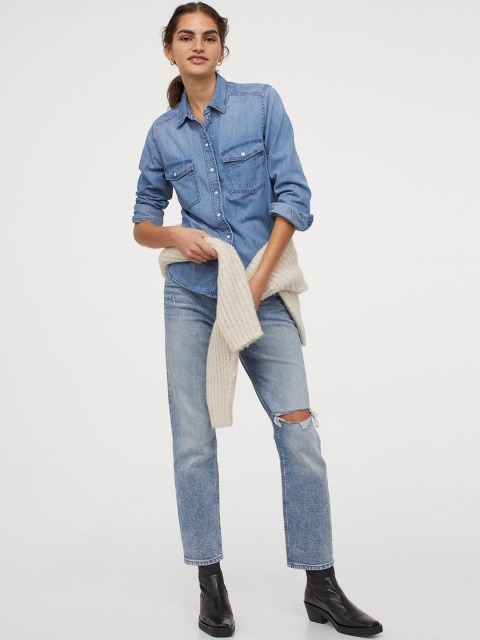 H&M Women Blue Solid Denim Shirt