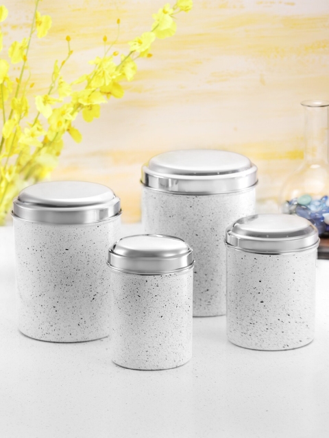 Jensons Set Of 8 White & Steel-Toned Solid Canisters