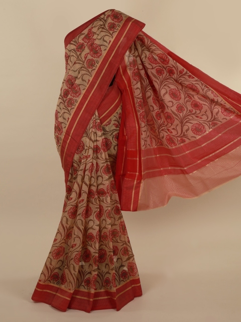 Pothys Cream-Coloured & Red Supernet Printed Saree