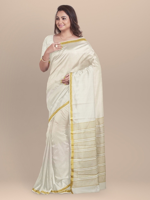 BharatSthali Cream-Coloured & Gold-Toned Silk Cotton Solid Banarasi Saree