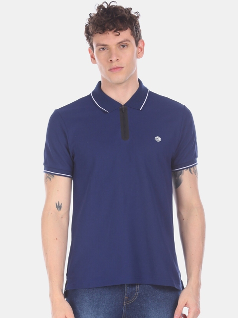 RUF & TUF Men Blue Solid Polo Collar T-shirt