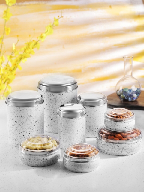 Jensons Set Of 16 White & Silver-Toned Stainless Steel Progetto Series Marble Finish Canister & Storage Box