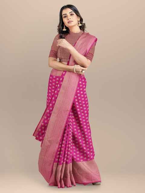 BharatSthali Magenta & Gold-Toned Silk Cotton Woven Design Banarasi Saree