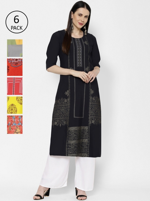 7Threads Women Set Of 6 Multicoloured Printed Straight Kurta, Multi
