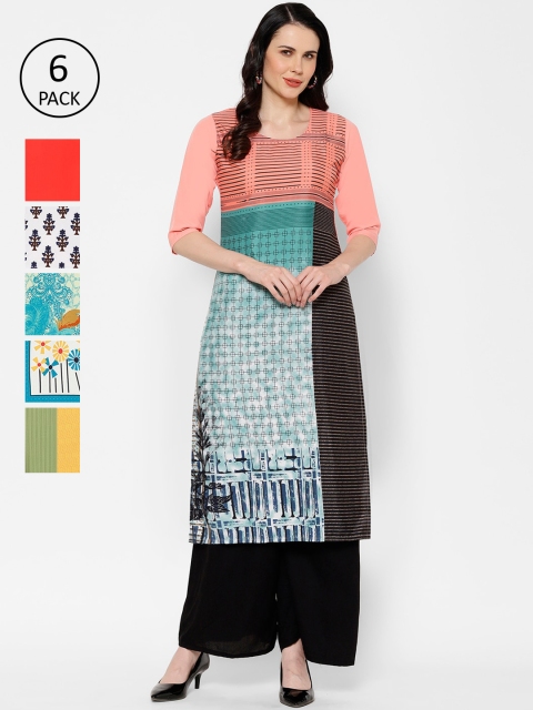 7Threads Women Pack of 6 Multicoloured Printed Straight Kurtas, Multi
