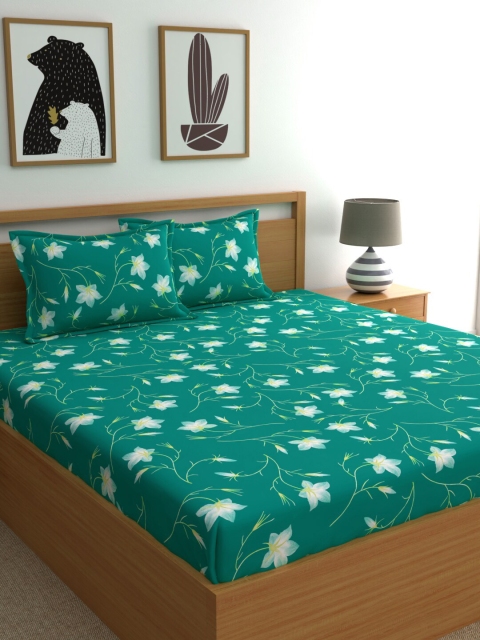 Home Ecstasy Green Floral 140 TC Cotton 1 Queen Bedsheet with 2 Pillow Covers