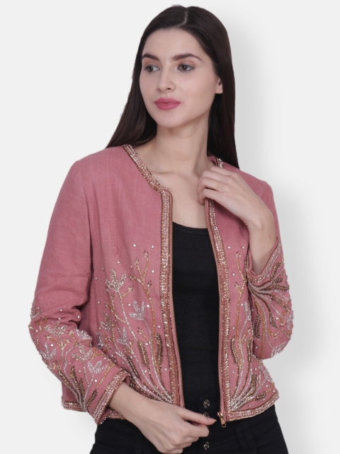 Diwaah Women Pink & Golden Embellished Open Front Jacket