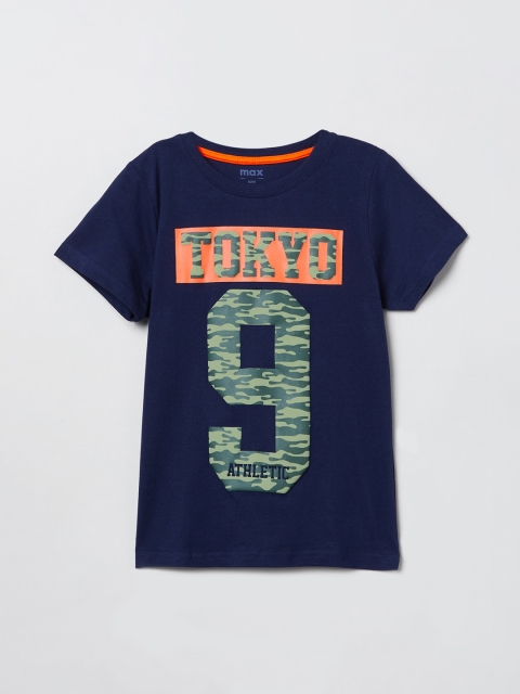 max Boys Navy Blue & Green Printed Round Neck T-shirt
