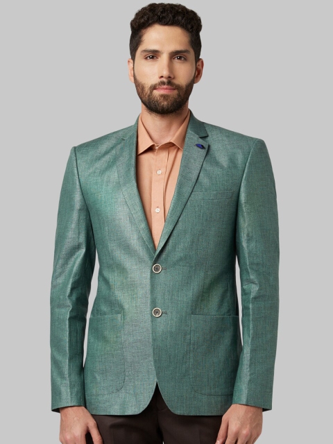 Park Avenue Men Green Solid Single-Breasted Blazer