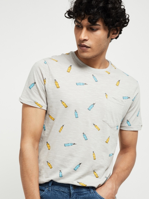 max Men Grey Printed Round Neck Cotton T-shirt