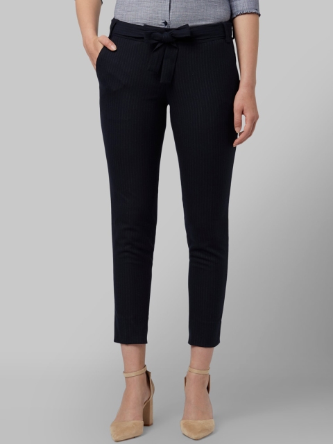 Park Avenue Woman Navy Blue Striped Regular Trousers