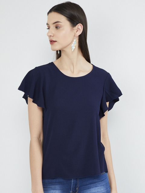 max Women Navy Blue Solid Top