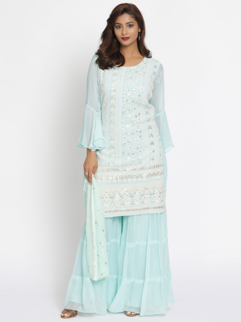 Koskii Women Sea Green Embroidered Kurti with Sharara